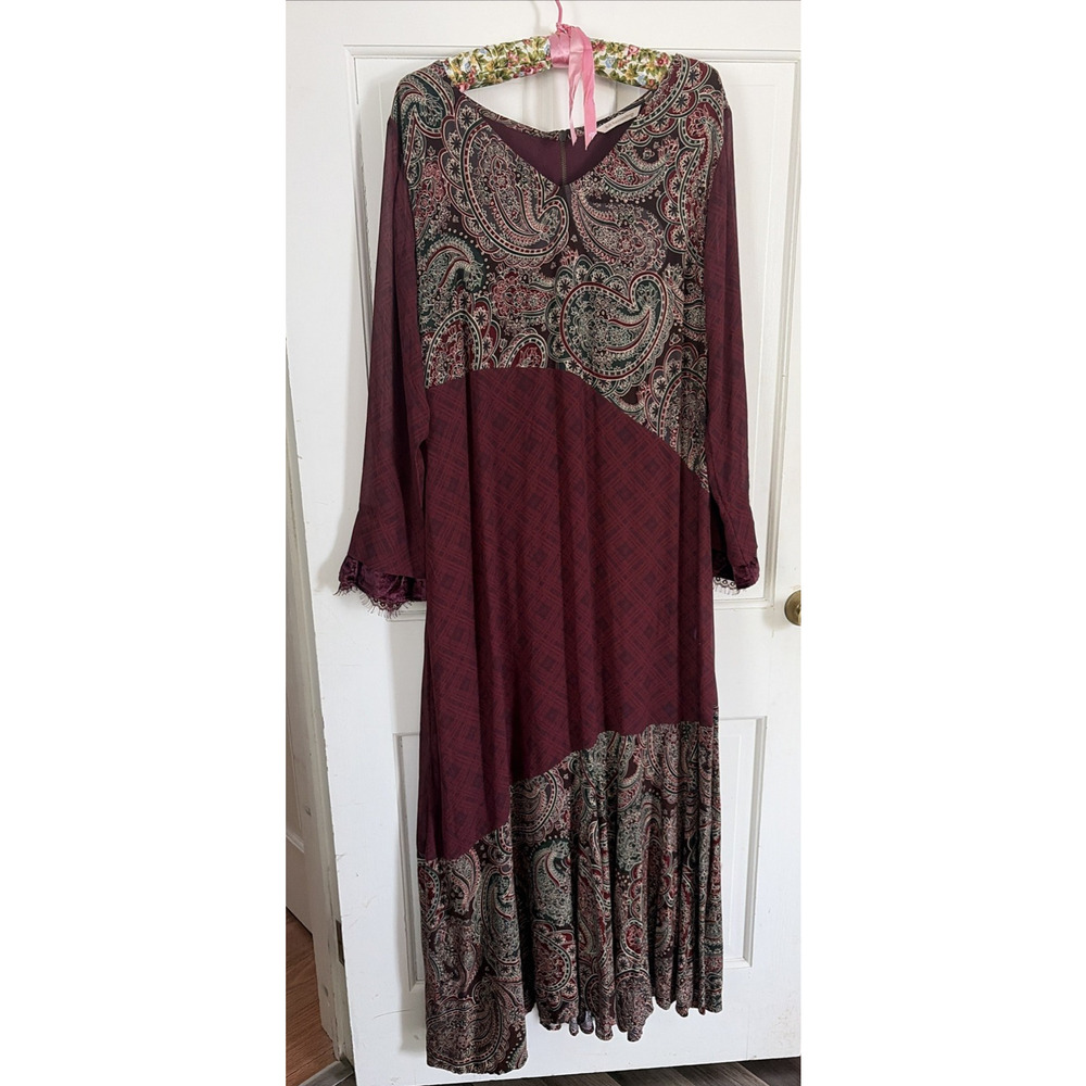Soft Surroundings Maxi Women Dress L Red Paisley Velvet Long Sleeve Boho Flowy